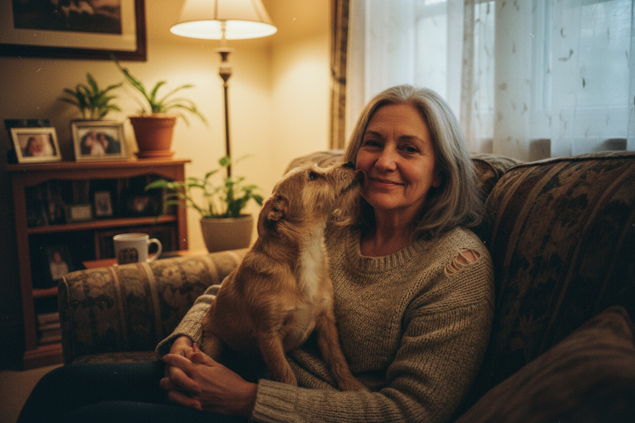 “Create a candid, low-quality photo of a 50-year-old woman sitting indoors, looking directly at the camera while holding a small dog on her lap. The dog is licking her face, and she has a gentle, natural smile. The image should feel unposed and slightly blurry, with soft indoor lighting and a casual, everyday atmosphere, like a real phone camera photo.